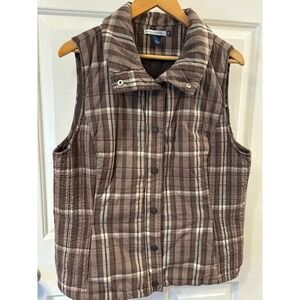 Bandolino Blu Womens Brown Plaid Quilted Snap Front Stand Collar Vest XL